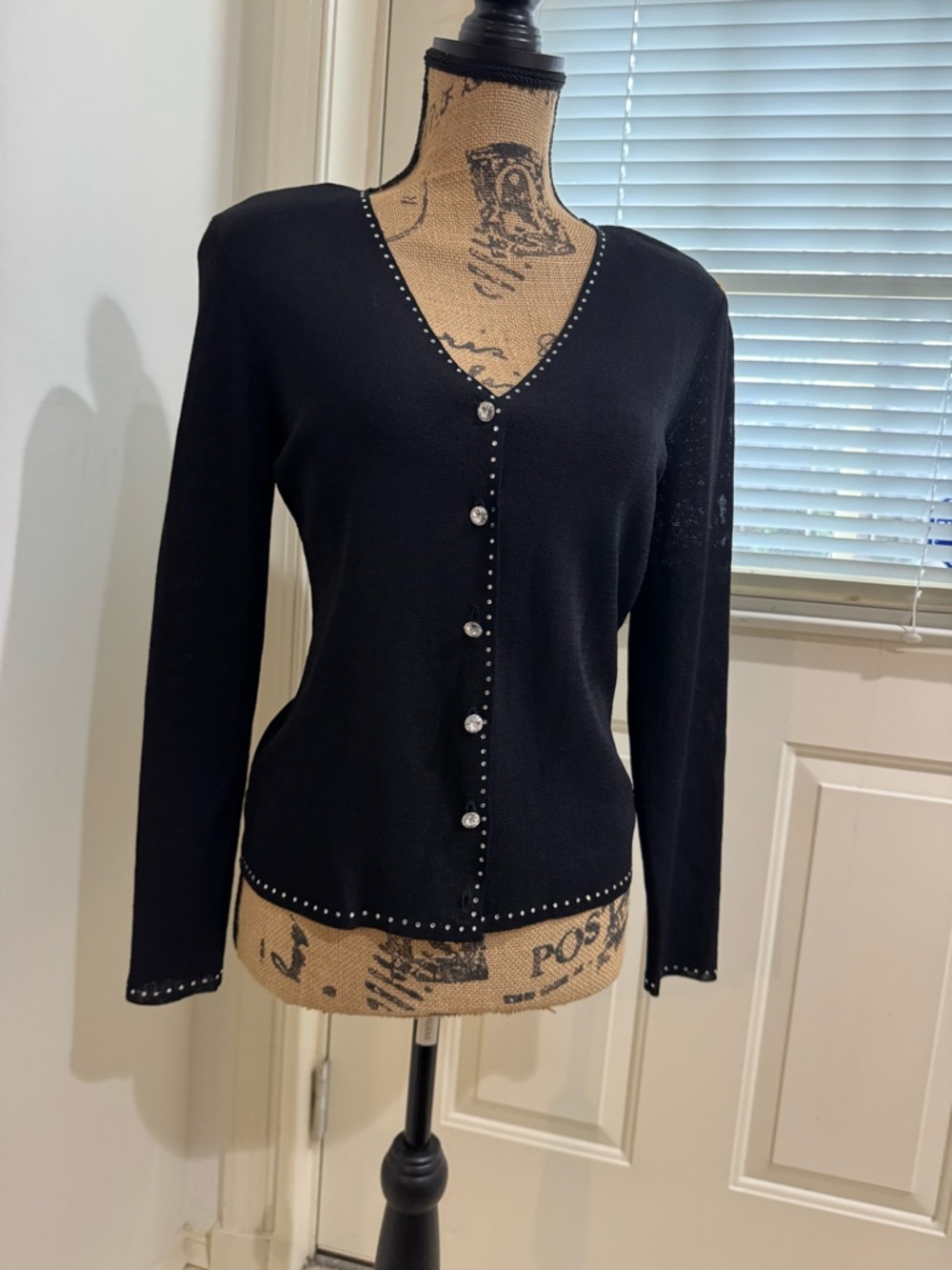Dana Buchman Black V-Neck Cardigan with Stud-Trim & Jewel Buttons size Petit S